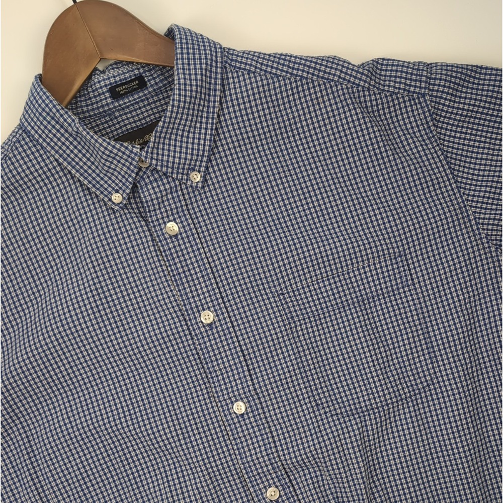 Eddie Bauer Mens XL Seersucker Blue Check Shirt Short Sleeve Cotton Button Down